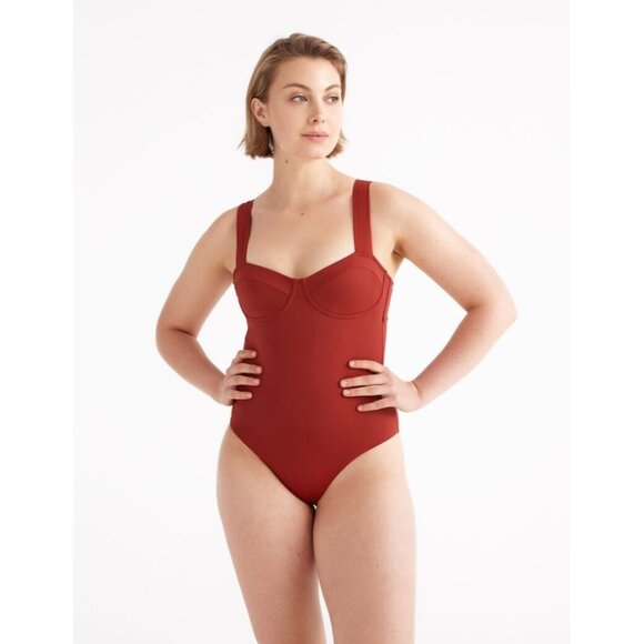 Knix Balcony Cup One Piece Wide Strap Back Tie Closure Swimsuit Size Medium-Lava - Picture 7 of 9